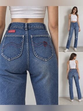 Vintage 80s High Rise Cigarette Jeans Pulsette Embroidered Heart Waist 23–24”
